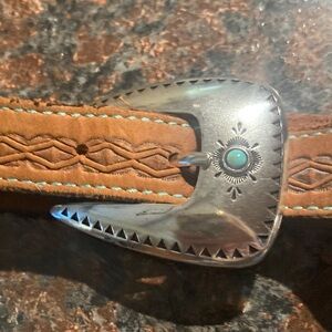 Embossed Brown Leather Belt with Silver and Turquoise Buckle